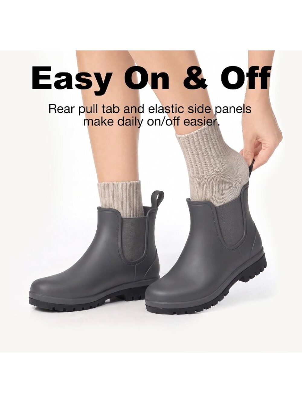 Women's Dark Grey Waterproof Chelsea Non-Slip Rubber Lightweight Rain Boots - Picture 5 of 6